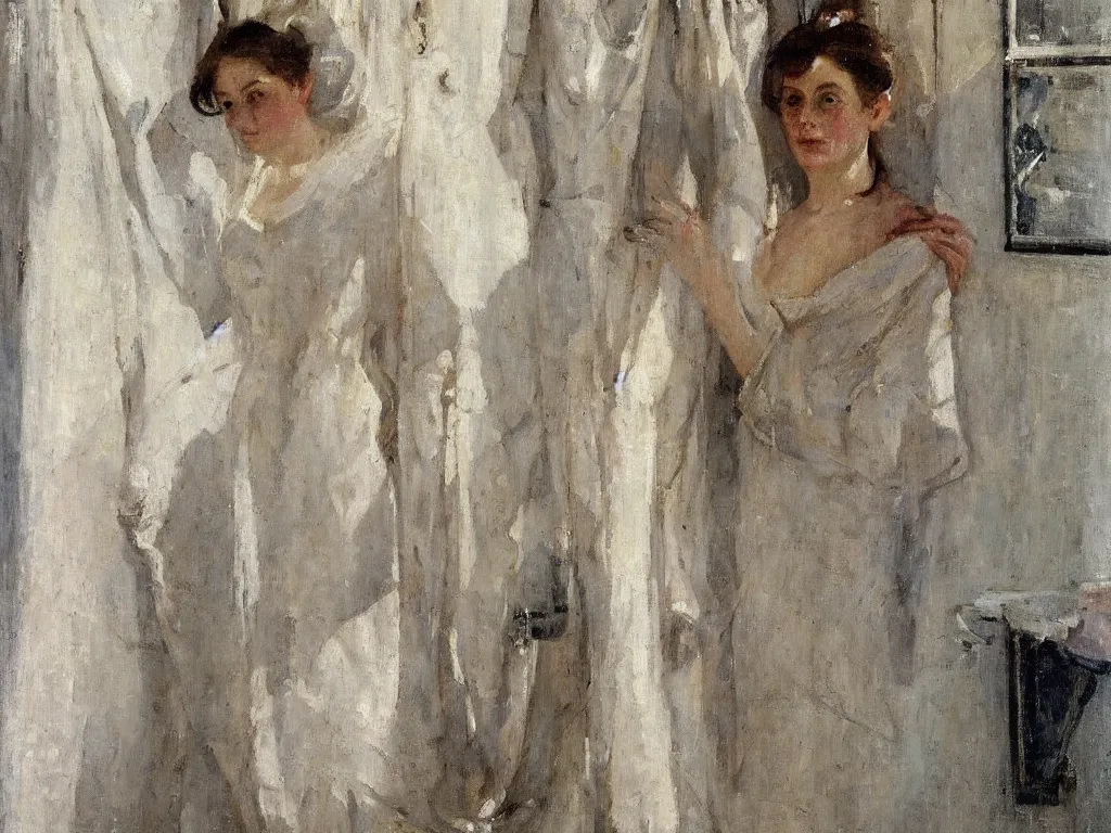 Image similar to portrait of a lady in the shower, painting by stanhope forbes, oil on canvas