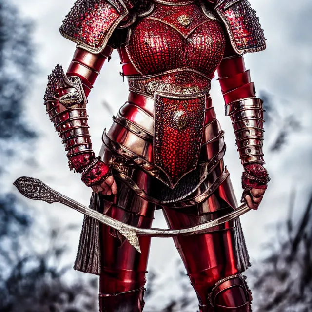 Prompt: full body photo of a beautiful cute strong warrior queen wearing ruby encrusted armour, highly detailed, 8 k, hdr, smooth, sharp focus, high resolution, award - winning photo