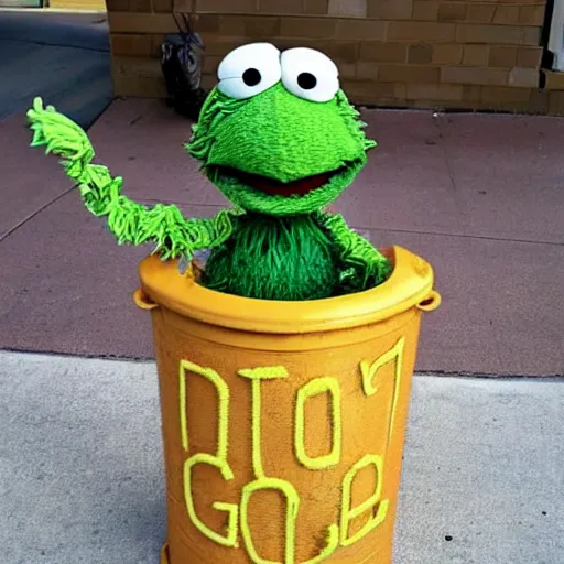 Prompt: oscar the grouch sesame street in a gold garbage can, yarn art