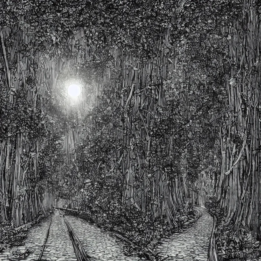 Image similar to highway to the sun as an etching, video game, cavern forests, monochrome