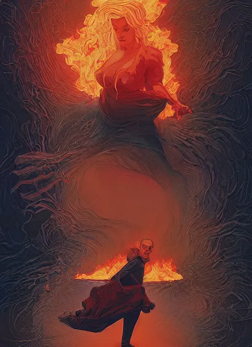 Prompt: poster artwork by Michael Whelan and Tomer Hanuka, Karol Bak of semi truck on side exploding woman walks away from the flames, from scene from Twin Peaks, clean