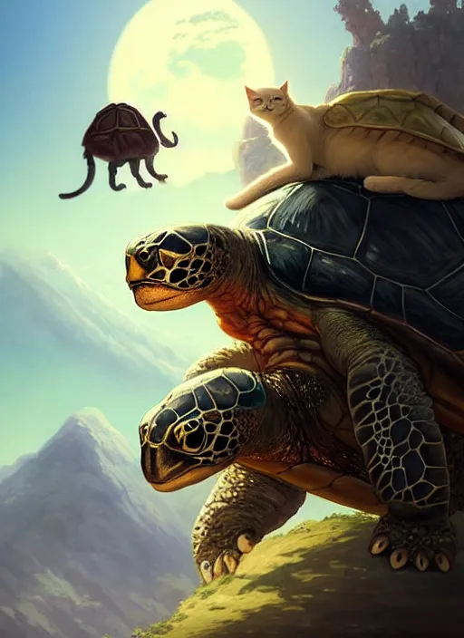 Image similar to character portrait of The tallest mountain topped by a cat riding a gigantic turtle, with another cat riding a large turtle atop the mountain. By Greg Rutkowski. cute beautiful attractive detailed. Character design by charlie bowater, ross tran, artgerm, and makoto shinkai, detailed, inked, western comic book art