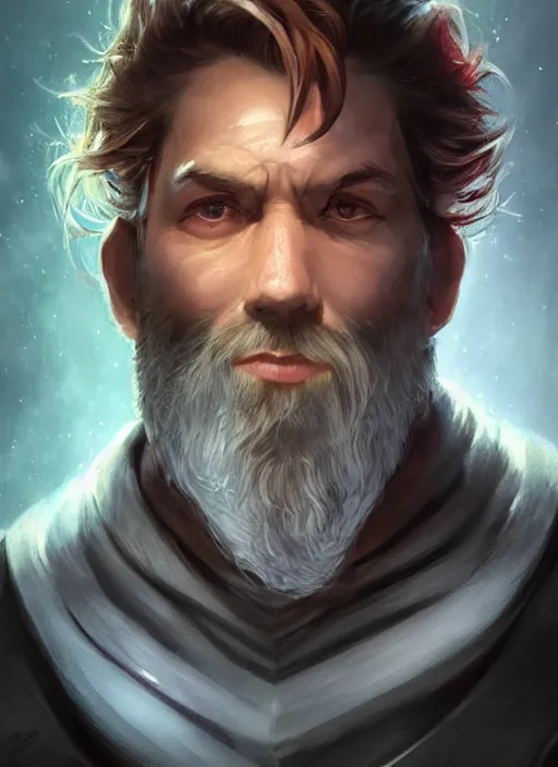 Image similar to man with short white hair and white circle beard, dndbeyond, bright, colourful, realistic, dnd character portrait, full body, pathfinder, pinterest, art by ralph horsley, dnd, rpg, lotr game design fanart by concept art, behance hd, artstation, deviantart, hdr render in unreal engine 5