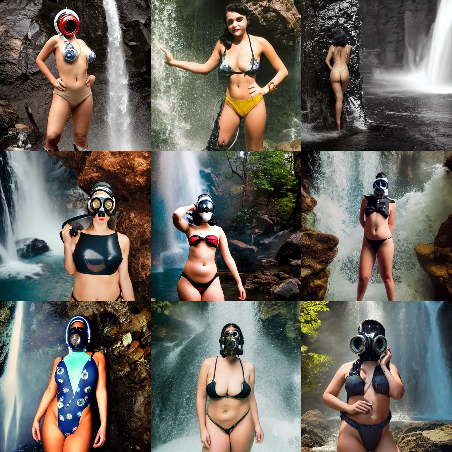 Prompt: a beautiful woman wearing a microkini and a gas mask under a waterfall, standing in outer space, vintage inspired, by the invisible realm and felipe posada