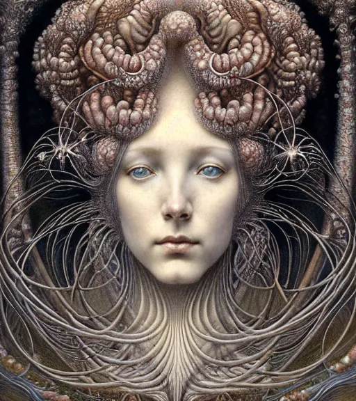 Image similar to detailed realistic beautiful opalescent goddess face portrait by jean delville, gustave dore, iris van herpen and marco mazzoni, art forms of nature by ernst haeckel, art nouveau, symbolist, visionary, gothic, neo - gothic, pre - raphaelite, fractal lace, intricate alien botanicals, biodiversity, surreality, hyperdetailed ultrasharp octane render