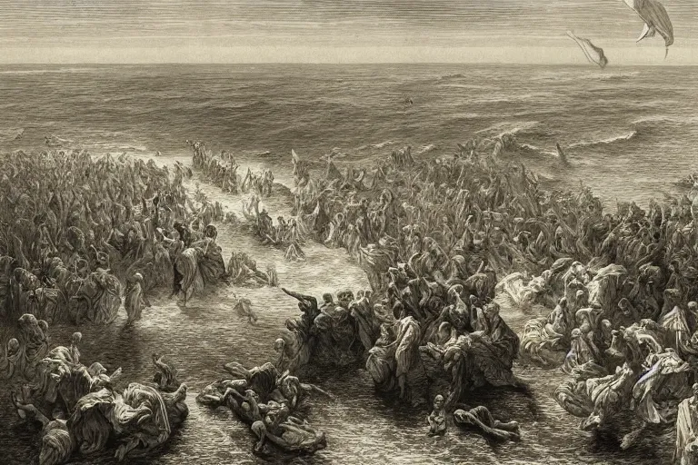 Image similar to aerial view, the biblical crossing of the red sea, Gustave Dore lithography