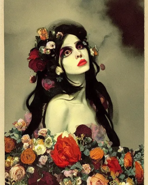 Prompt: a beautiful and eerie baroque painting of a beautiful but horrifying woman in layers of fear, with haunted eyes and dark hair piled on her head, 1 9 7 0 s, seventies, floral wallpaper, wilted flowers, a little blood, morning light showing injuries, delicate embellishments, painterly, offset printing technique, by robert henri, walter popp, alan lee
