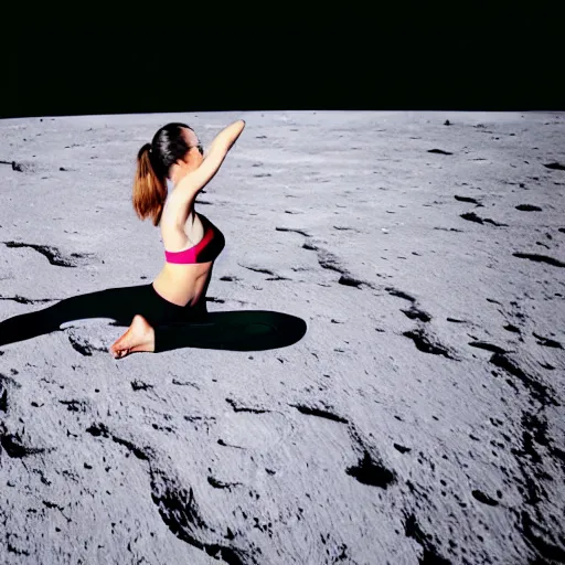 Image similar to female yoga instructor on a surface of the moon, earth planet visible in the distance