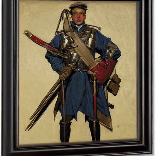 Image similar to portrait of a maximalist medieval foot soldier, by j. c. leyendecker