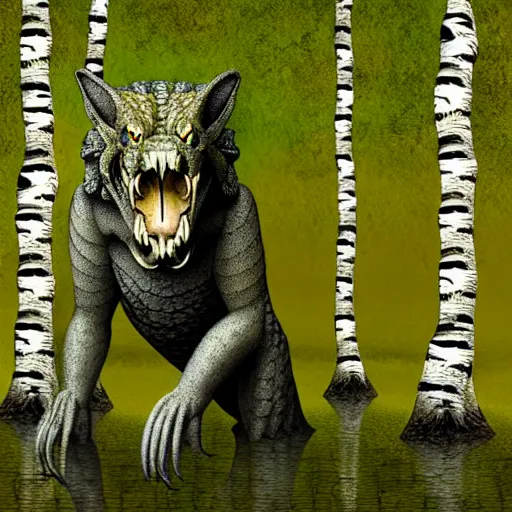 Image similar to Chimera with crocodile body and wolf head in a birch tree swamp howling at a yellowish full moon, photorealistic photoshop artwork