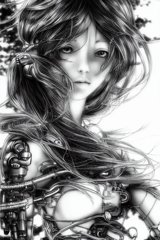 Image similar to a vertical portrait of a character in a scenic environment by Yoshitaka Amano, black and white, dreamy, cybernetic suit, wavy long black hair, highly detailed