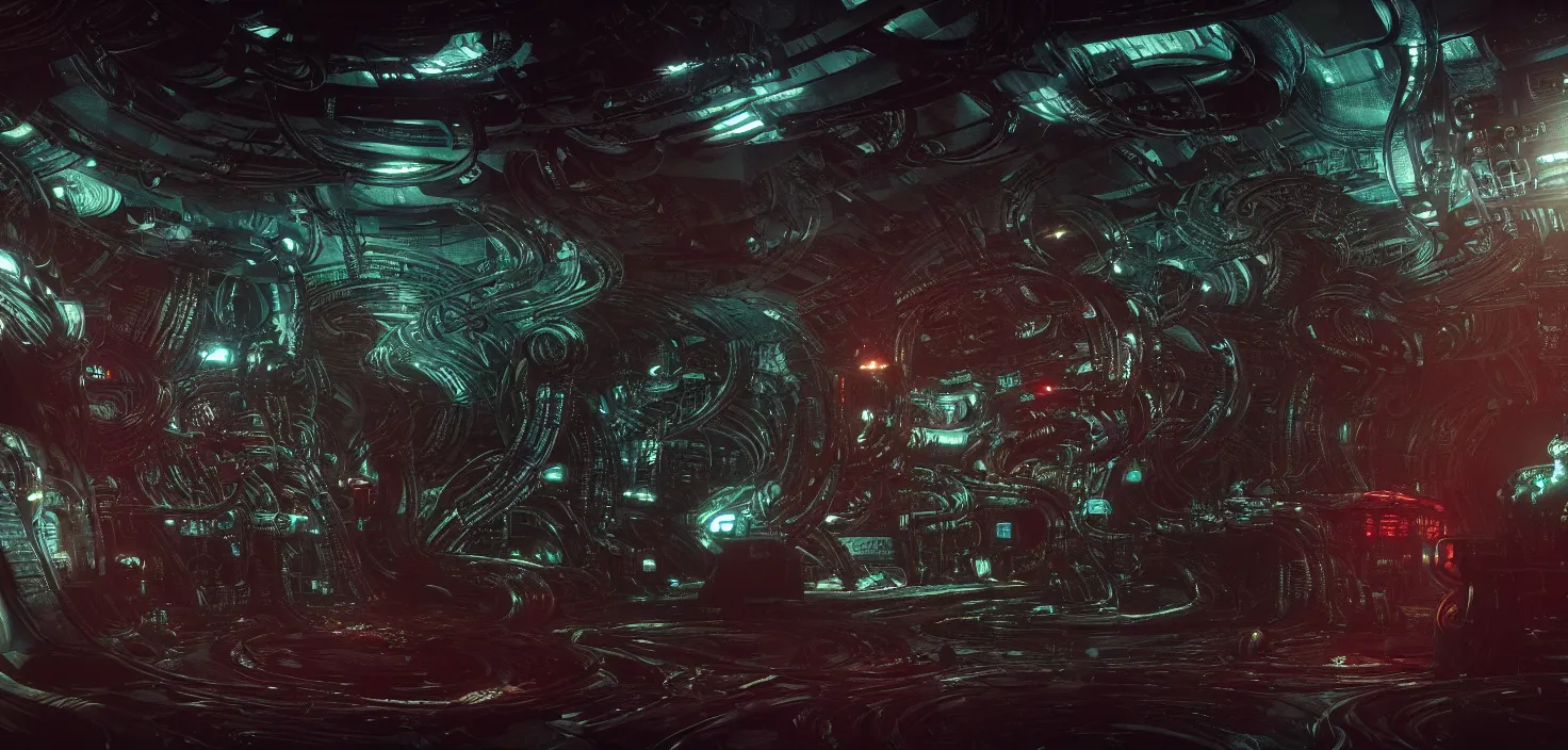 Image similar to Prometheus biological sci-fi environment set close-up, ship control panel close-up, in a nightmarish universe of odd forms and somber tapestry, HR Giger and Vincent Di Fate, vivid color scheme, featured in artstation, octane render, cinematic, elegant, intricate, 8k