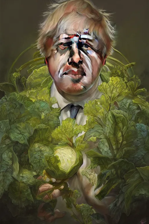 Image similar to boris johnson as garden bed for cabbage, realistic portrait, symmetrical, highly detailed, digital painting, artstation, concept art, smooth, sharp focus, illustration, cinematic lighting, art by artgerm and greg rutkowski and alphonse mucha