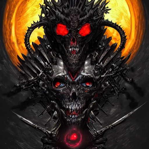 Prompt: a dark matter solutions schizophrenia sphare limbo digital art angry demon in iron armor and dragon bones with diamonds sits on the black throne of death and looks with red eyes into the darkness against the background of a bright red sun