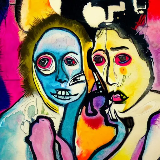 Image similar to watercolor painting of two bizarre psychedelic goth women kissing each other closeup in a cafe in japan, speculative evolution, mixed media collage by basquiat and jackson pollock, maximalist magazine collage art, sapphic art, lesbian art, chemically damaged