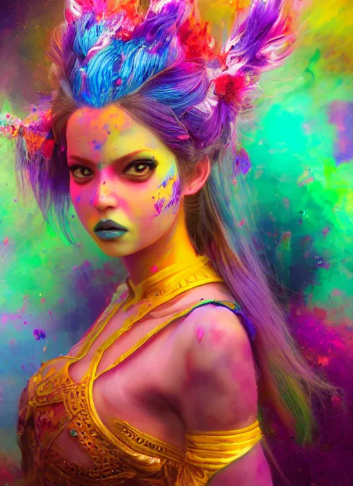 Prompt: An epic fantasy comic book style full body portrait painting of a very beautiful vibrant holi nebulapunk girl, character design by Mark Ryden and Pixar and Hayao Miyazaki, unreal 5, DAZ, hyperrealistic, octane render, cosplay, RPG portrait, dynamic lighting, intricate detail, summer vibrancy, cinematic