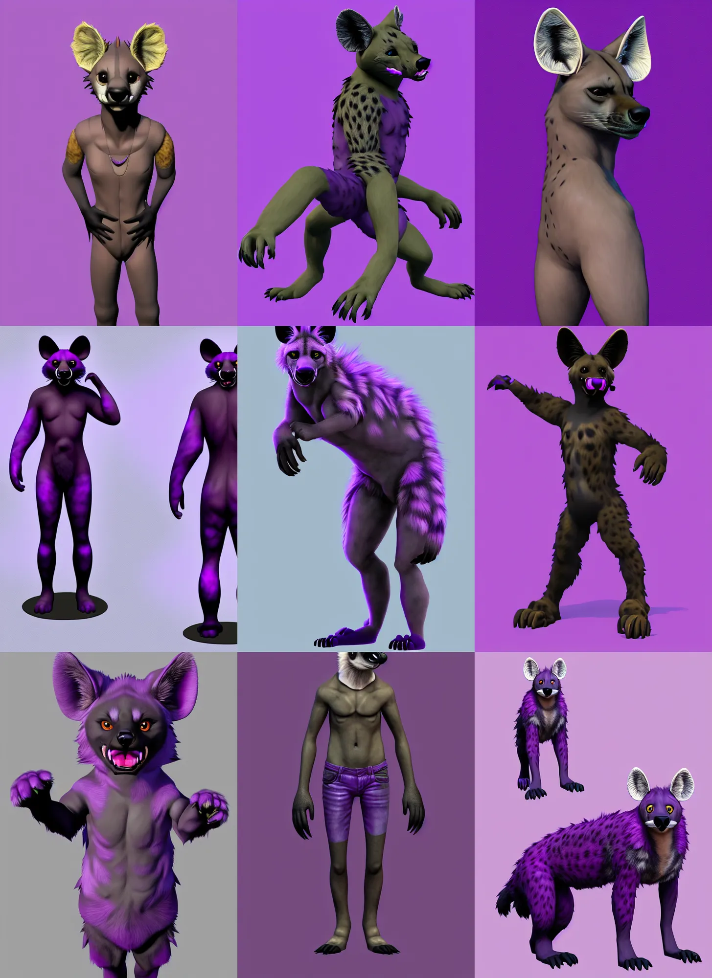 Image similar to a full - body centered front - perspective furry male fursona portrait, a male hyena fursona, purple and black fur color scheme, trending on weasyl, painted in zbrush, high - resolution, godrays, photorealistic