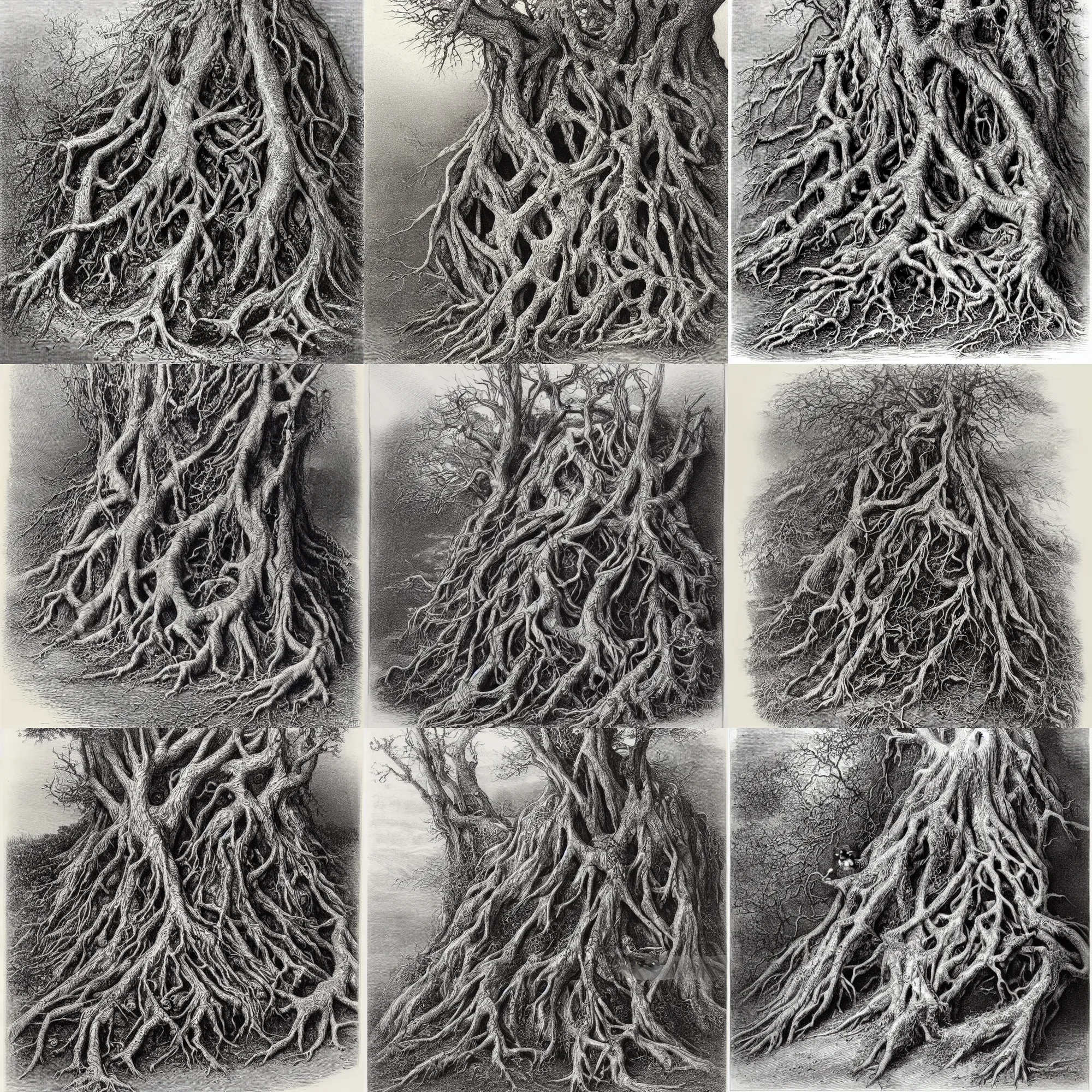 Prompt: an engraving of a merlin encased within the roots of a tree by gustave dore, ian miller, highly detailed, strong shadows, depth, lithograph engraving