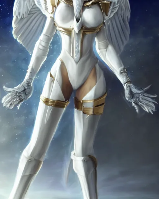 Image similar to perfect white haired attractive egyptian goddess with huge white dove wings, warframe armor, beautiful, symmetric, dreamy, half asian, pretty face, blue eyes, detailed, scifi platform, laboratory, experiment, 4 k, ultra realistic, epic lighting, android body, illuminated, cinematic, masterpiece, art by akihito tsukushi, voidstar