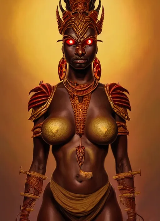 Prompt: angry orisha warrior god, bronze skin tone, bushy goatee, glowing red eyes, volumetric lights, earth tones and golden scheme, tribal and primitive, intricate, highly detailed, digital painting, artstation, concept art, smooth, sharp focus, illustration, kemetic symbolism, art by artgerm and greg rutkowski and alphonse mucha