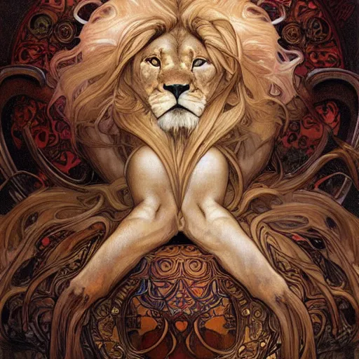 Prompt: realistic detailed lion, zodiac leo by Alphonse Mucha, Ayami Kojima, Amano, Charlie Bowater, Karol Bak, Greg Hildebrandt, Jean Delville, and Mark Brooks, Art Nouveau, Neo-Gothic, Surreality, gothic, rich deep moody colors