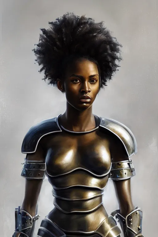 Image similar to a photorealistic painted portrait of an attractive young black girl, partially clothed in metal-plated battle armor, matt olive skin, long dark hair, flawless skin, beautiful bone structure, perfectly symmetric facial features, perfect photorealistic eyes, natural physique, intricate, elegant, digital painting, concept art, finely detailed, beautifully illustrated, sharp focus, minimal artifacts, from Metal Gear, by Ruan Jia and Mandy Jurgens and Artgerm and William-Adolphe Bouguerea, in the style of Greg Rutkowski, trending on Artstation, award winning art