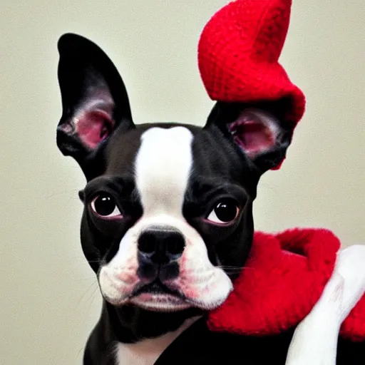 Prompt: realistic Boston Terrier with a little red hat on its head