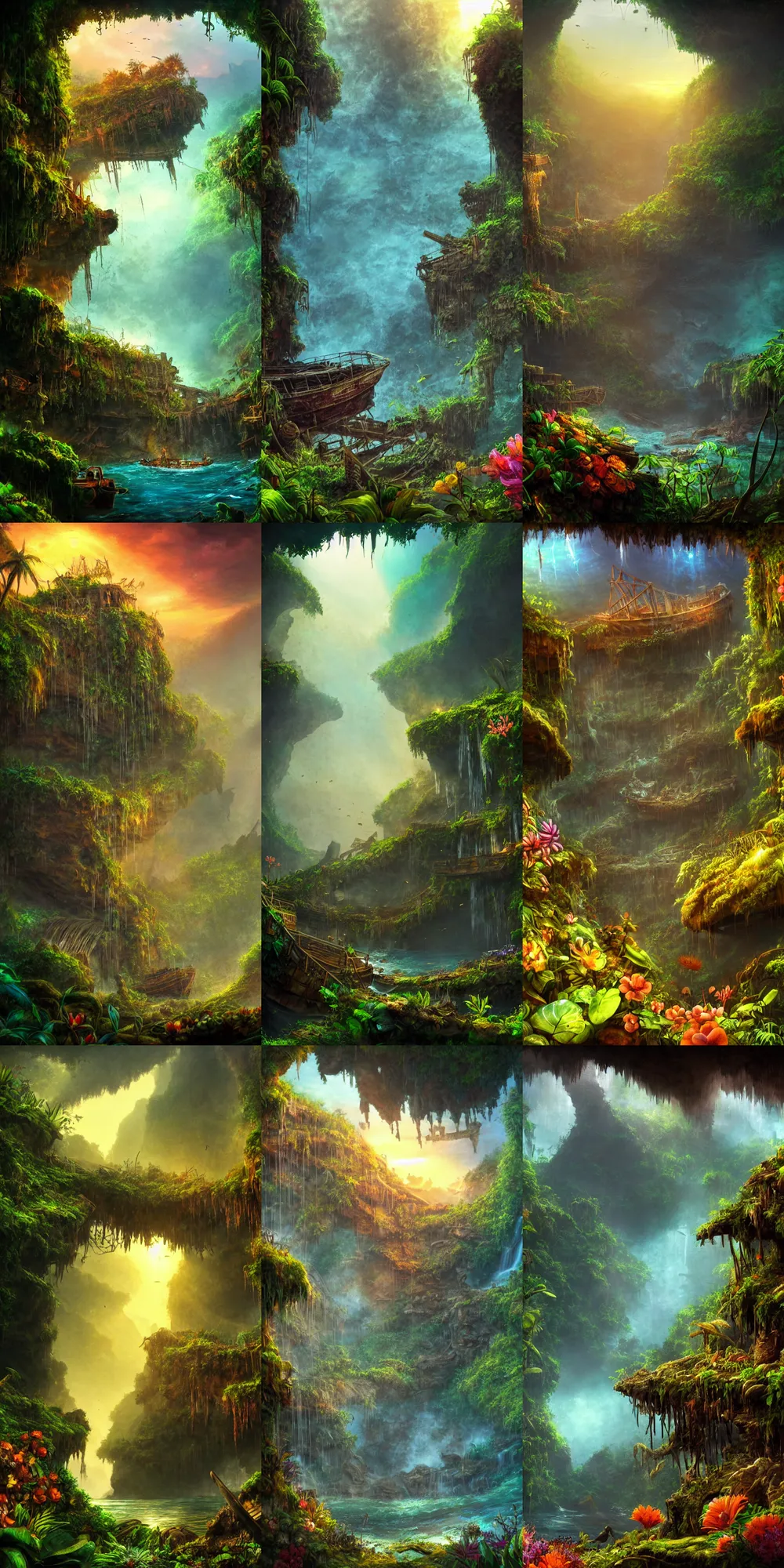 Prompt: a rusty shipwreck at the bottom of a prehistoric jungle cave, lush flora, waterfall, mountains, flowers, vines, sunset, hazy, volumetric lighting, rtx on, an award - winning digital artwork, beautiful, stunning, ultra - detailed, great composition