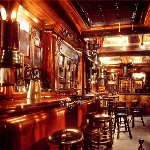 Image similar to Interior shot of a steampunk pub by stanley kubrick, shot by 35mm film color photography