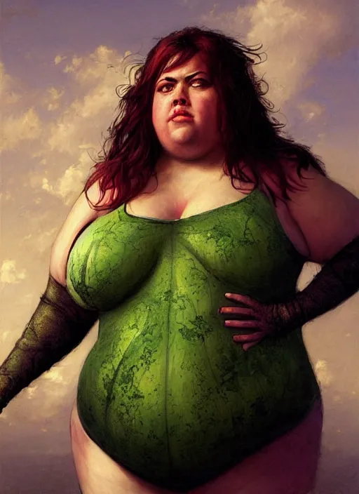 Prompt: A beautiful portrait of 400-pound obese Aubrey Plaza as 400-pound obese Poison Ivy from Batman movie, digital art by Eugene de Blaas and Ross Tran, vibrant color scheme, highly detailed, in the style of romanticism, cinematic, artstation, Greg rutkowski
