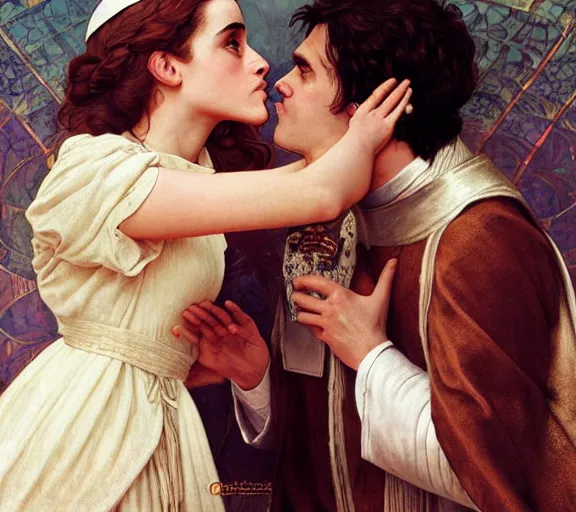 Image similar to photography of a pope kissing emma watson, she has hands - up and hairy armpits, deep focus, intricate, elegant, highly detailed, digital painting, artstation, concept art, matte, sharp focus, illustration, art by artgerm and greg rutkowski and alphonse mucha and gil elvgren