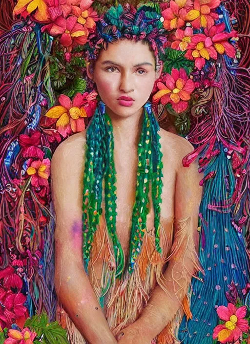 Image similar to beautiful portrait of a mediterranean female wearing fantastic Hand-dyed cotton dress, embellished beaded feather decorative fringe knots ,colorful pigtail,subtropical flowers and plants,symmetrical face,intricate,elegant, highly detailed, 8k,post-processing,digital painting, trending on pinterest, arper's bazaar,concept art, sharp focus, illustration, by artgerm,Tom Bagshaw,Lawrence Alma-Tadema,greg rutkowski,alphonse Mucha