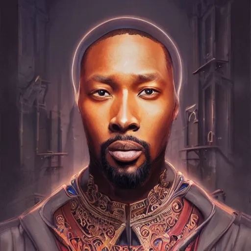 Image similar to a portrait of rza as a wizard, upper half portrait, urban motifs, intricate, elegant, highly detailed, digital painting, trending on artstation, concept art, smooth sharp focus, illustration, art by artgerm and greg rutkowski