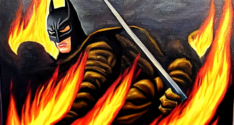 Image similar to An oil painting of a dark knight wielding a flaming sword