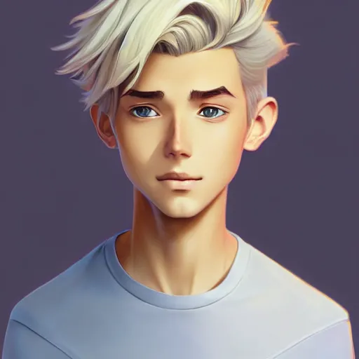 Prompt: young man with short, ash blond greyish hair, path traced, highly detailed, high quality, digital painting, by don bluth and ross tran and studio ghibli and alphonse mucha, sylvain sarrailh