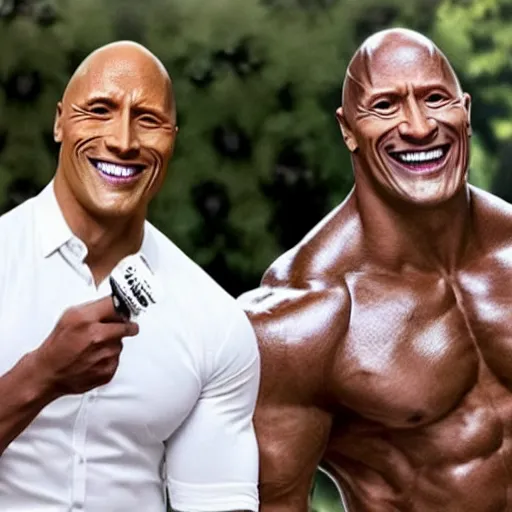 Image similar to obunga and dwayne Johnson promoting toothpaste by showing of their beautiful white teeth and holding toothpaste, hyper realistic, tv commercial