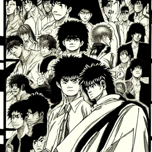 Prompt: hajime no ippo drawn in berserk format, by kentaro miura