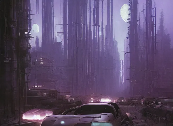 Prompt: a car bu driving down a street next to tall Forest-1 the night, cyberpunk art by Chesley Bonestell, cgsociety, retrofuturism, matte painting, reimagined by industrial light and magic