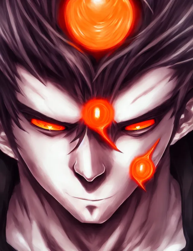 Image similar to a detailed manga portrait of a shadowy handsome demon boy with long crimson hair and glowing orange eyes and fangs, trending on artstation, digital art, 4 k resolution, detailed, high quality, sharp focus, hq artwork, coherent, insane detail, character portrait