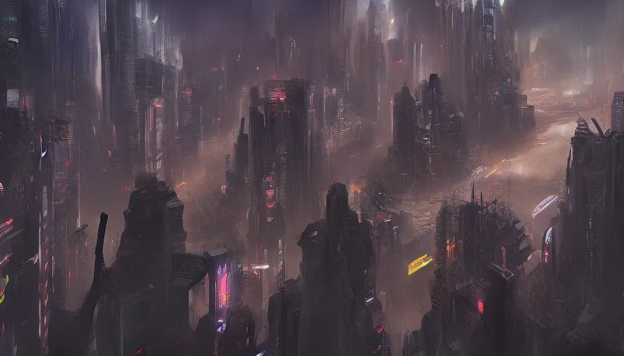 Image similar to giant cyberpunk megacity, very long shot, enviroment, extremely detailed, jama jurabaev, greig fraser, roger deakins, shaddy safadi, feng shu, neil blevins, trending on artstation, high quality, brush stroke