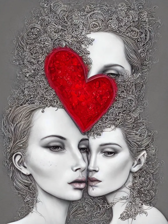 Prompt: a beautiful portrait render of two red veiled queen with symmetry intricate detailed ,heart,love,crystal-embellished,by Daveed Benito,LEdmund Leighton,peter gric,aaron horkey,Billelis,trending on pinterest,rococo,hyperreal,gold,silver,ivory,maximalist,glittering,golden ratio,cinematic lighting