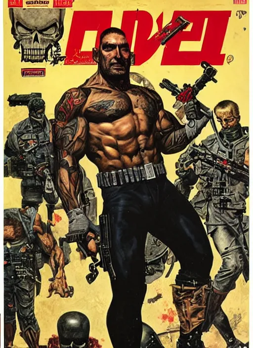 Image similar to full body and head portrait of dave bautista as the punisher, painted by norman rockwell and phil hale and greg staples and tom lovell and frank schoonover and jack kirby