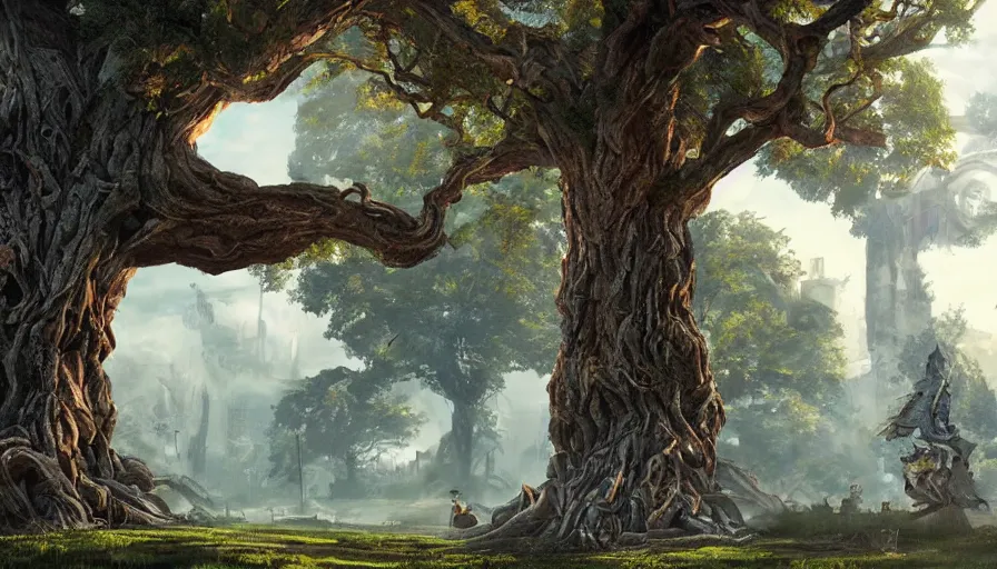 Image similar to ben lo illustration of colossal ash tree, bioshock concept art, solarpunk, colorful, unreal engine, hyper realism, realistic shading, cinematic composition, realistic render, octane render, detailed textures, photorealistic, wide shot
