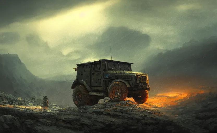 Prompt: a military vehicle in the mountain at night by Paul Chadeisson, blue headlights, dark image, stormy weather , atmospheric, artstation, concept art, illustration, sharp focus, high detail, octane render, intimidating