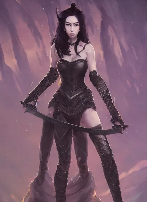 Image similar to full body portrait of a barefoot vampire swordswoman wearing heavy plate armor, real human feet, barefoot, two - handed sword, lithe, athletic, beautiful, enchanting, elegant, detailed, anatomically accurate, reasonable fantasy, good lighting, in the style of guweiz, z. w. gu on artstation, 4 k.