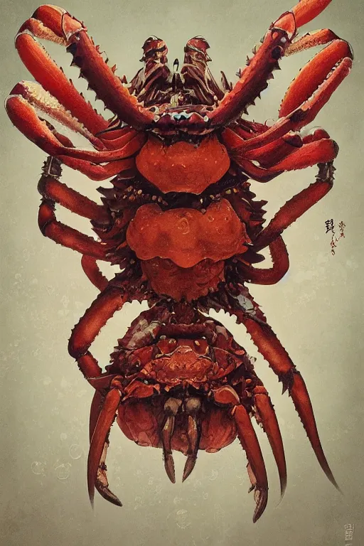 Image similar to a portrait of a japanese devil crab animal illustrated by miyazaki by karol bak, james jean, tom bagshaw, rococo, sharp focus, trending on artstation, cinematic lighting, hyper realism, octane render, 8 k, hyper detailed, vivid, ultra detailed, highly detailed