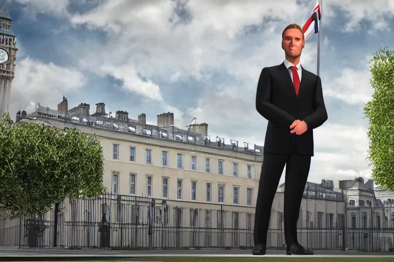 Image similar to giga chad in a suit giving a speech as prime minister, photorealistic, 8 k, 1 0 downing street background