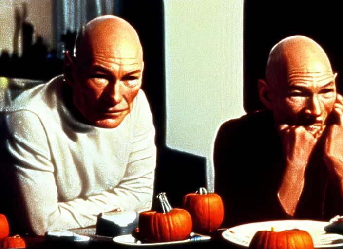 Image similar to a scene from a 1 9 8 2 s halloween iii, patrick stewart is eating from a can of beans, vhs distortion, cathode ray tube distortion, folk horror, hauntology, 8 k, 8 5 mm f 1. 8, studio lighting, rim light, right side key light