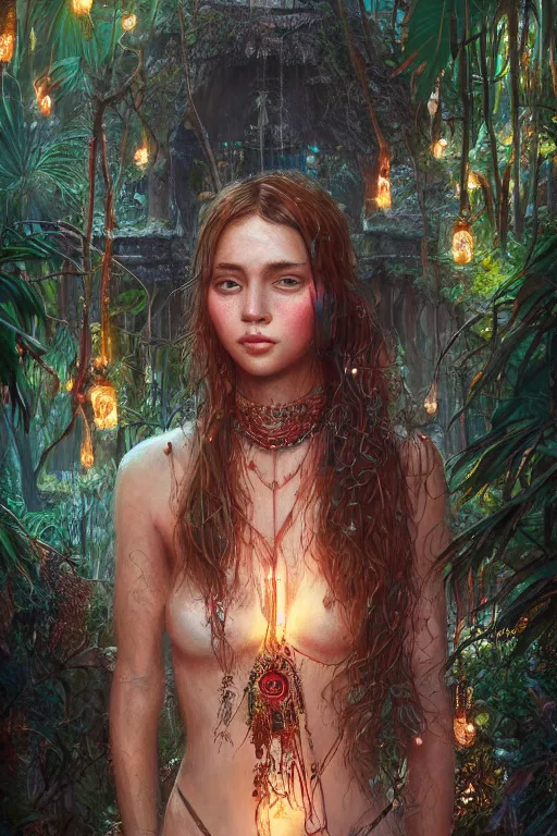 Prompt: portrait of bohemian girl in the jungle of tulum mexico, staring directly into camera, intricate, elegant, glowing lights, highly detailed, digital painting, artstation, sharp focus, illustration, art by wlop, mars ravelo and greg rutkowski