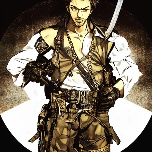 Image similar to portrait of a hero holding his sword in front of his face by yoji shinkawa, high quality, extra details, realism, ornate, colored, golden chain, blood, white skin, short hair, brown eyes, vivid, sunlight, dynamic, american man, freedom